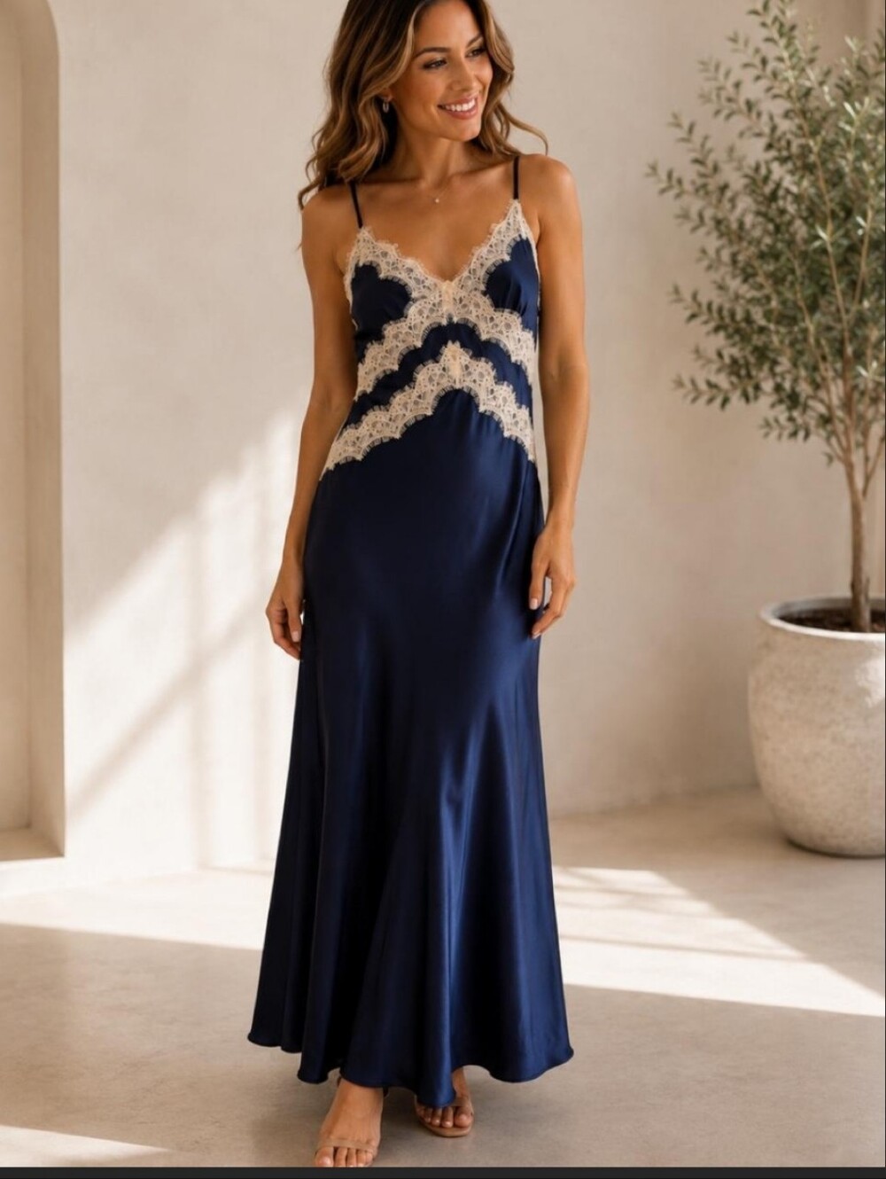 Sincerely Jules Navy Blue Eyelash Lace Trim Satin Slip Maxi Dress Size M